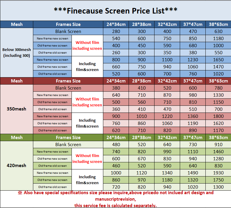 Finecause Screen Price List - Pad-Print or Screen-Print Learning ...